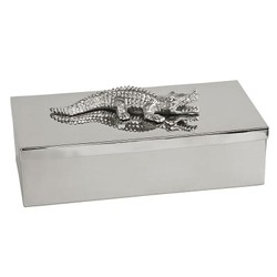 Casa Padrino Boîte Décorative de Luxe Argent 30 x 15 x H. 9 cm - Coffret avec Crocodile sur le Couvercle Casa Padrino Boîte Décorative de Luxe Argent 30 x 15 x H. 9 cm - Coffret avec Crocodile sur le Couvercle