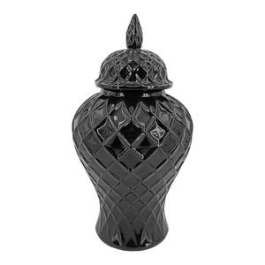 Deckelvase Schwarz glaenzend mit Rautenrelief und Zapfenknauf 41 cm