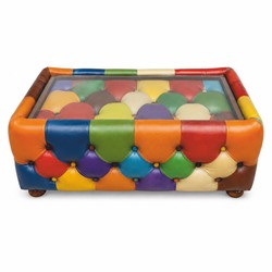 Casa Padrino Luxury Chesterfield Patchwork Genuine Leather Coffee Table with Glass Top Multicolored / Dark Brown 120 cm - Patchwork Furniture
