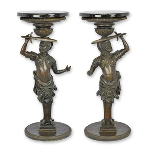 Casa Padrino Luxus Beistelltisch Set Krieger Bronze / Schwarz Ø 31 x H. 76,5 cm - Runde Bronze Beistelltische mit Marmorplatte - Luxus Möbel