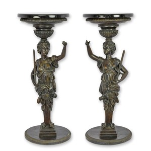 Casa Padrino Luxus Beistelltisch Set Justitia Bronze / Schwarz Ø 31 x H. 77 cm - Runde Bronze Beistelltische mit Marmorplatte - Luxus Möbel