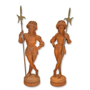 Casa Padrino Luxus Gusseisen Skulpturen Set Zwei Hellebardiere Rostbraun H. 157 cm - Große Gartenfiguren - Deko Skulpturen