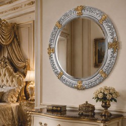 Casa Padrino espejo barroco de lujo plata / oro Ø 103 cm - Magnífica espejo de pared tallado a mano barroco - Calidad de Lujo - Hecho en Italia