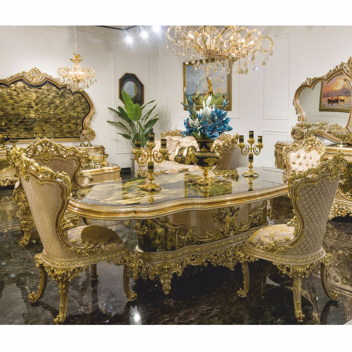 Prunkvolles Luxus Barock Esszimmer Set Barock Esstisch und 6 Stühle Prunkvolles Luxus Barock Esszimmer Set Barock Esstisch und 6 Stühle