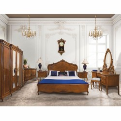 Luxus Barock Massivholz Schlafzimmer Möbel Set Doppelbett & Nachttische Braun