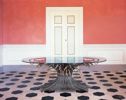 Casa Padrino Lampada da tavolo Luxury Policromo L. 180 x P. 90 x H. 74 cm - Lampada da tavolo artigianale in ferro battuto con dettagli in cristallo - Collezione Luxury - Nobile & sontuoso