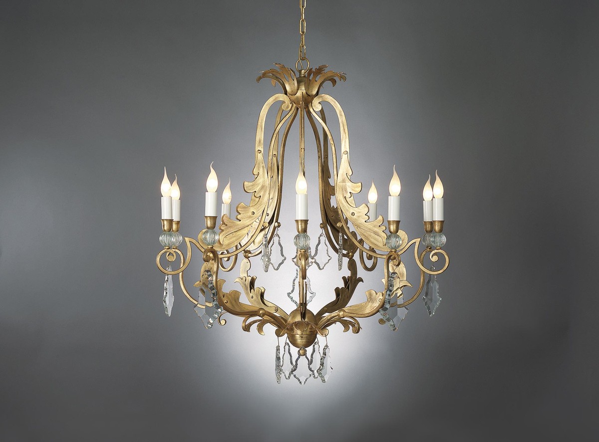 Casa Padrino Lámpara de araña de lujo Oro Ø 100 x Al. 100 cm - Lámpara de araña artesanal de hierro forjado con detalles de cristal - Colección de lujo - Noble y suntuoso Casa Padrino Lámpara de araña de lujo Oro Ø 100 x Al. 100 cm - Lámpara de araña artesanal de hierro forjado con detalles de cristal - Colección de lujo - Noble y suntuoso
