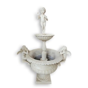Casa Padrino Fontana da Giardino in Ghisa di Lusso Putto con Angeli Bianco Antico 108 x 78 x H. 150 cm - Fontana a Due Vasche in Stile Barocco - Decorazione da Giardino