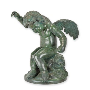Casa Padrino Scultura in Bronzo di Lusso Putto Seduto con Ali Verde 35 x 42 x H. 48,7 cm - Figura in Bronzo in Stile Barocco - Figura Decorativa