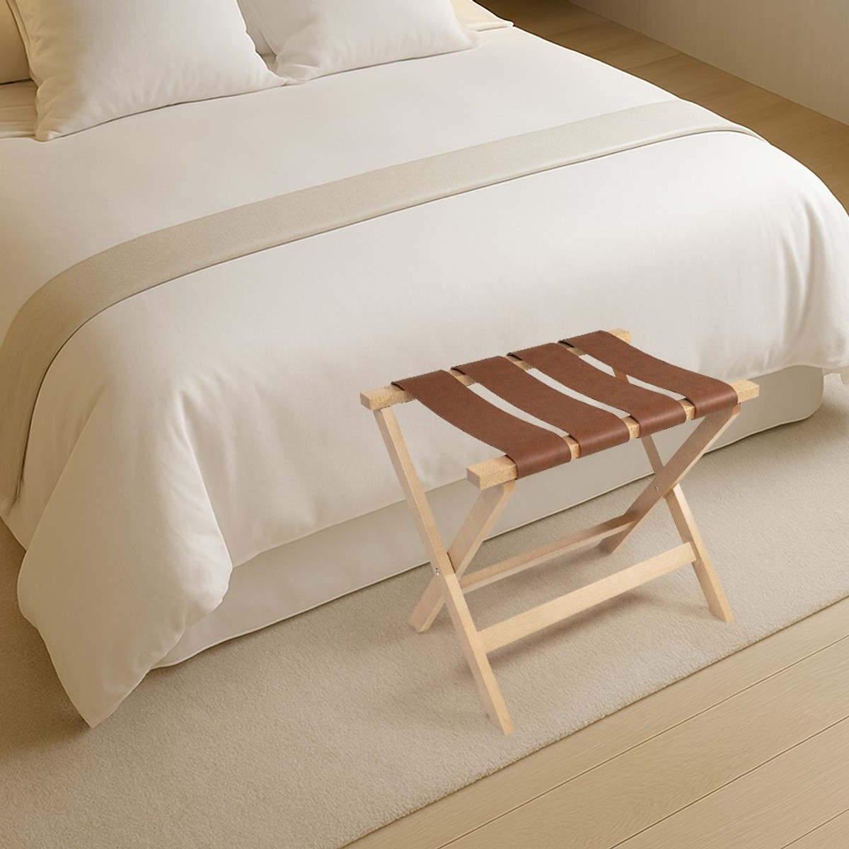 Casa Padrino Porte-bagages de luxe pliable en bois de hêtre et similicuir naturel / marron 70 x 50 x H. 59 cm Casa Padrino Porte-bagages de luxe pliable en bois de hêtre et similicuir naturel / marron 70 x 50 x H. 59 cm