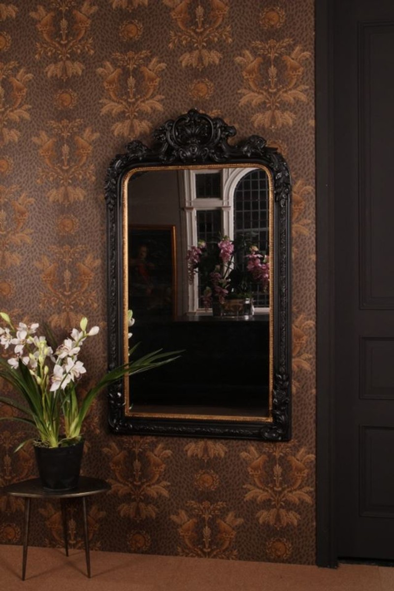Casa Padrino Baroque Wall Mirror Black 90 x H. 158 cm - Ornate Mirror with Decorative Crown Casa Padrino Baroque Wall Mirror Black 90 x H. 158 cm - Ornate Mirror with Decorative Crown