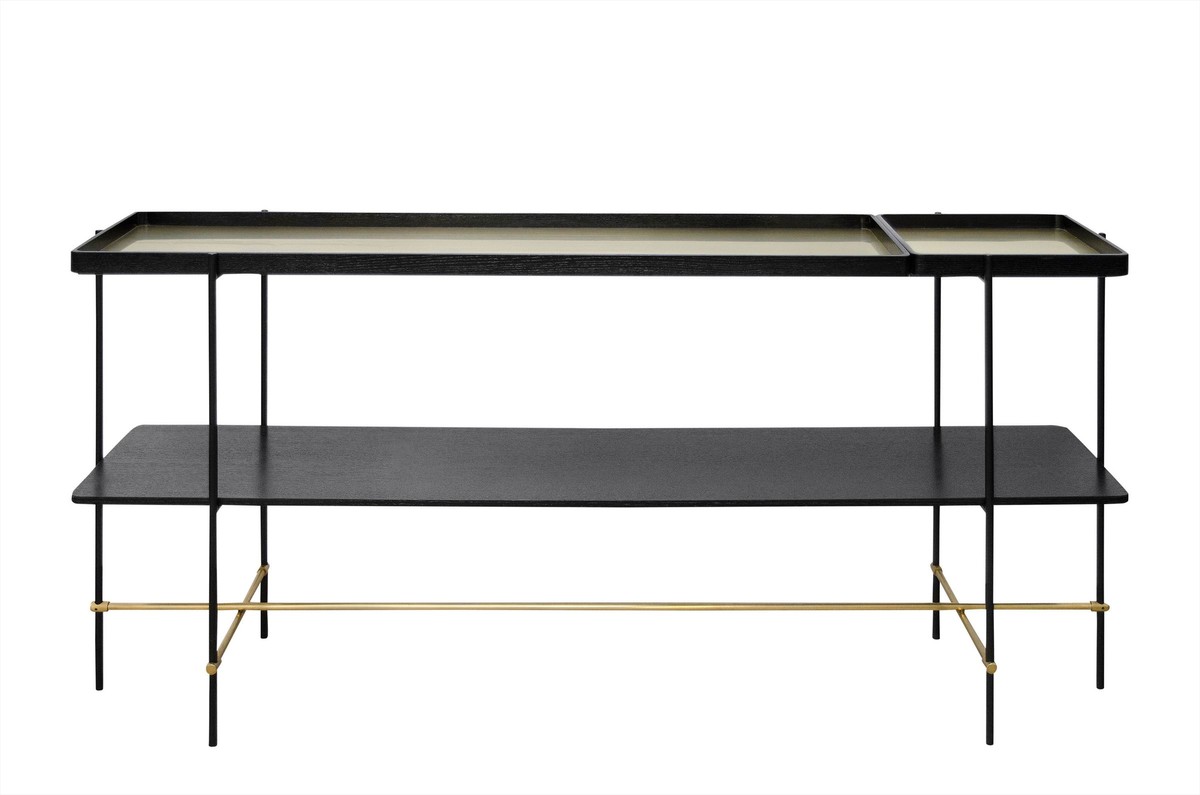 Casa Padrino Consola de Lujo Oro / Negro 180 x 40 x H. 90 cm - Mesa Consola Larga con Estructura de Acero Inoxidable Cepillado y Superficies de Chapa de Roble Negra - Muebles de Lujo Casa Padrino Consola de Lujo Oro / Negro 180 x 40 x H. 90 cm - Mesa Consola Larga con Estructura de Acero Inoxidable Cepillado y Superficies de Chapa de Roble Negra - Muebles de Lujo
