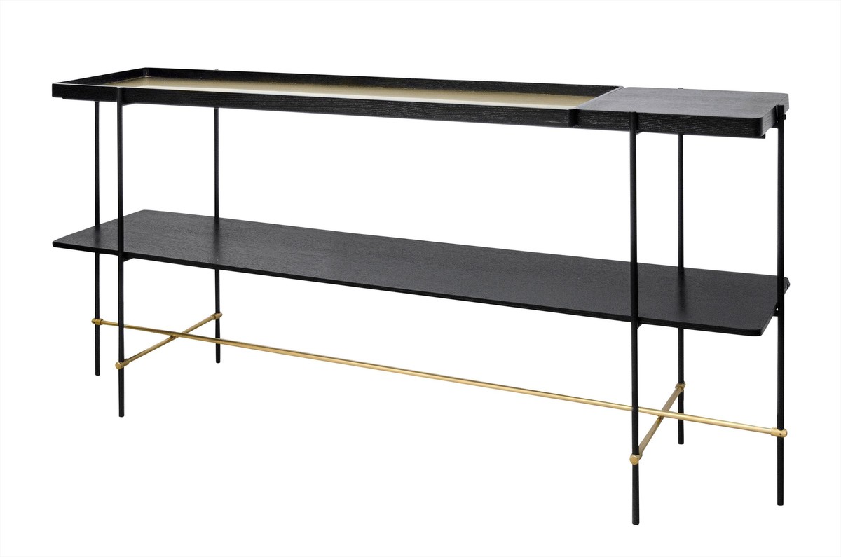 Casa Padrino Consola de Lujo Oro / Negro 180 x 40 x H. 90 cm - Mesa Consola Larga con Estructura de Acero Inoxidable Cepillado y Superficies de Chapa de Roble Negra - Muebles de Lujo Casa Padrino Consola de Lujo Oro / Negro 180 x 40 x H. 90 cm - Mesa Consola Larga con Estructura de Acero Inoxidable Cepillado y Superficies de Chapa de Roble Negra - Muebles de Lujo