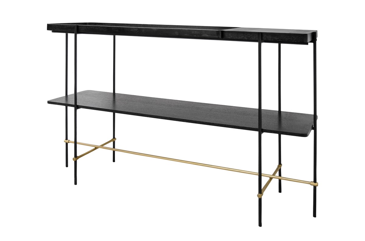 Casa Padrino Consola de Lujo Oro / Negro 140 x 40 x H. 90 cm - Mesa Consola con Estructura de Acero Inoxidable Cepillado y Superficies de Chapa de Roble Negra - Muebles de Lujo Casa Padrino Consola de Lujo Oro / Negro 140 x 40 x H. 90 cm - Mesa Consola con Estructura de Acero Inoxidable Cepillado y Superficies de Chapa de Roble Negra - Muebles de Lujo