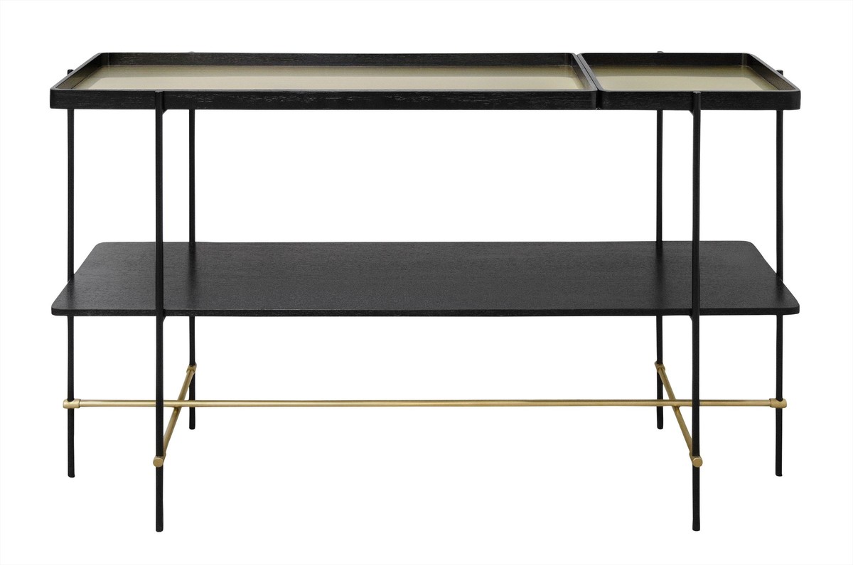 Casa Padrino Consola de Lujo Oro / Negro 140 x 40 x H. 90 cm - Mesa Consola con Estructura de Acero Inoxidable Cepillado y Superficies de Chapa de Roble Negra - Muebles de Lujo Casa Padrino Consola de Lujo Oro / Negro 140 x 40 x H. 90 cm - Mesa Consola con Estructura de Acero Inoxidable Cepillado y Superficies de Chapa de Roble Negra - Muebles de Lujo