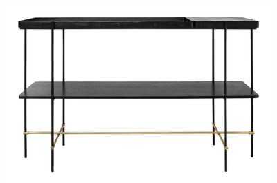 Casa Padrino Luxury Console Table Gold / Black 140 x 40 x H. 90 cm - Console Table with Brushed Stainless Steel Frame and Black Oak Veneer Surfaces - Luxury Furniture Casa Padrino Luxury Console Table Gold / Black 140 x 40 x H. 90 cm - Console Table with Brushed Stainless Steel Frame and Black Oak Veneer Surfaces - Luxury Furniture