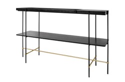 Casa Padrino Consola de Lujo Oro / Negro 140 x 40 x H. 90 cm - Mesa Consola con Estructura de Acero Inoxidable Cepillado y Superficies de Chapa de Roble Negra - Muebles de Lujo Casa Padrino Consola de Lujo Oro / Negro 140 x 40 x H. 90 cm - Mesa Consola con Estructura de Acero Inoxidable Cepillado y Superficies de Chapa de Roble Negra - Muebles de Lujo