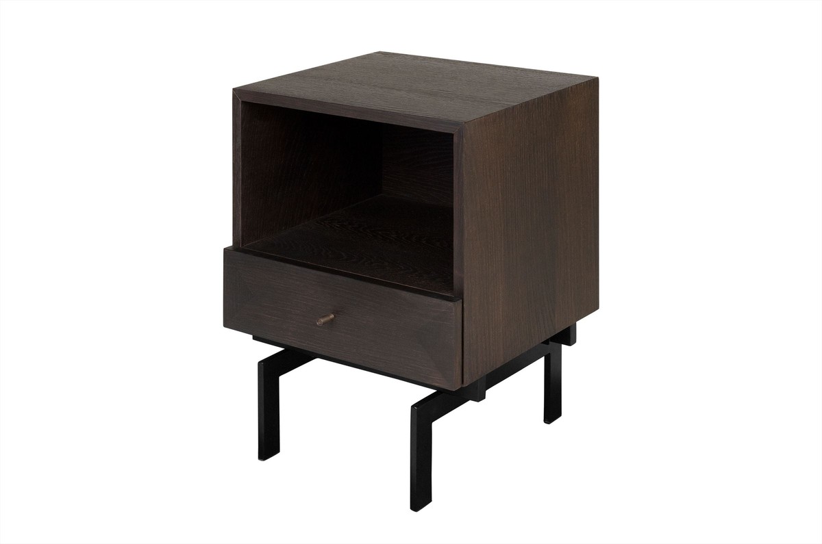 Casa Padrino Mesita de Noche de Lujo Marrón / Negro 45 x 40 x H. 60 cm - Mesita de Noche con Chapa de Roble en un Cálido Tono Marrón y Estructura de Acero Negra - Muebles de Lujo Casa Padrino Mesita de Noche de Lujo Marrón / Negro 45 x 40 x H. 60 cm - Mesita de Noche con Chapa de Roble en un Cálido Tono Marrón y Estructura de Acero Negra - Muebles de Lujo
