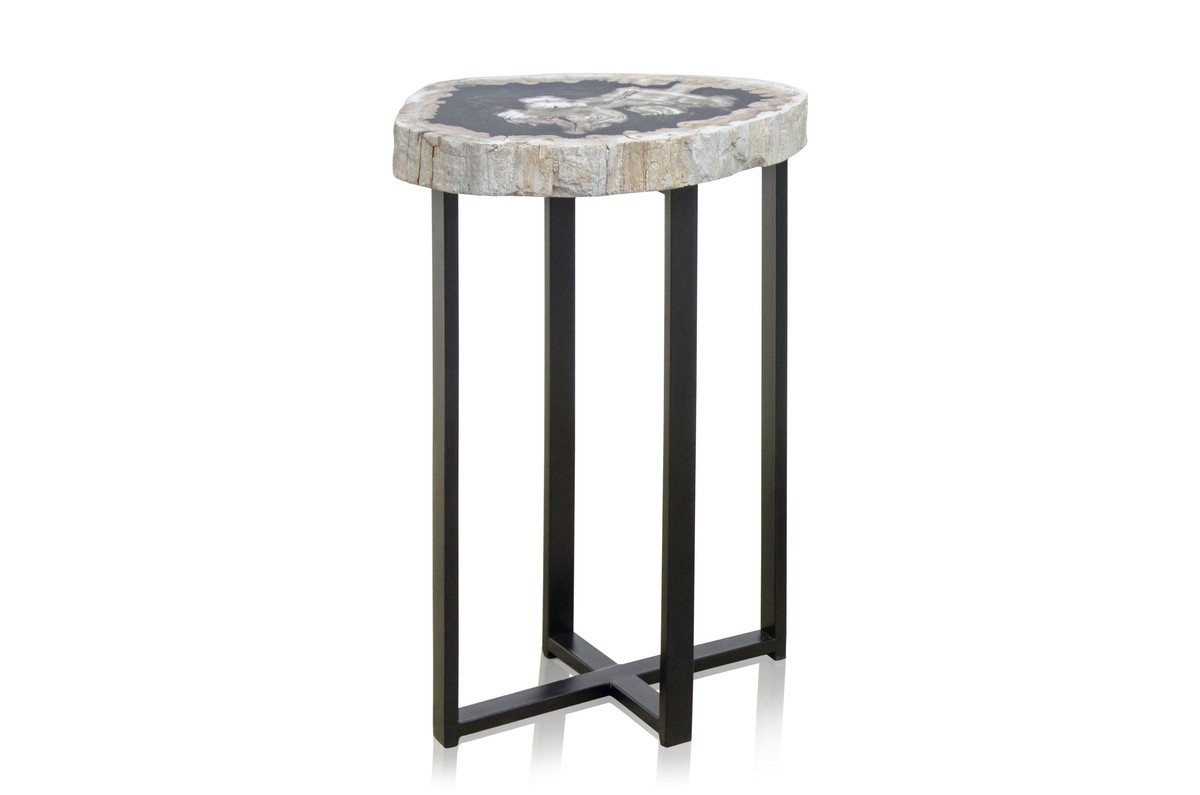 Casa Padrino Tavolino di Lusso Marrone 56 x 43 x H. 60 cm - Tavolino con Piano in Legno Pietrificato e Base in Ferro Nero - Mobili di Lusso Casa Padrino Tavolino di Lusso Marrone 56 x 43 x H. 60 cm - Tavolino con Piano in Legno Pietrificato e Base in Ferro Nero - Mobili di Lusso