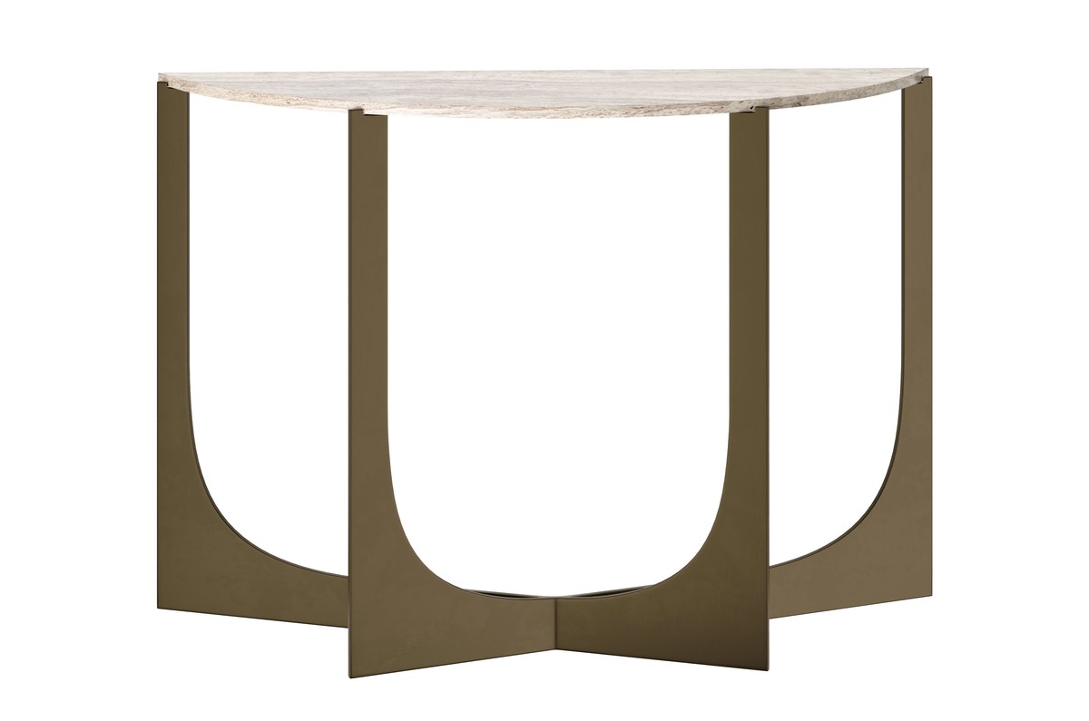 Casa Padrino Consola de Lujo 120 x 40 x H. 76 cm - Mesa Consola con Tablero de Travertino Gris y Estructura de Acero Inoxidable Color Bronce - Muebles de Lujo Casa Padrino Consola de Lujo 120 x 40 x H. 76 cm - Mesa Consola con Tablero de Travertino Gris y Estructura de Acero Inoxidable Color Bronce - Muebles de Lujo