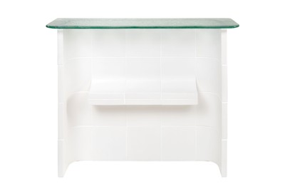 Casa Padrino Luxury Console Cream White 105 x 30 x H. 83.5 cm - Large Handmade Ceramic Console Table with Textured Clear Glass Top - Luxury Furniture Casa Padrino Luxury Console Cream White 105 x 30 x H. 83.5 cm - Large Handmade Ceramic Console Table with Textured Clear Glass Top - Luxury Furniture