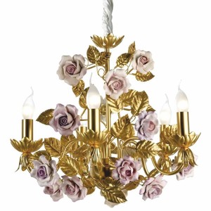Casa Padrino Luxury Baroque Chandelier with 24-Carat Gold Plating and Porcelain Roses Antique Gold / Pink Ø 52 x H. 42 cm - Made in Italy