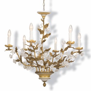 Casa Padrino Luxury Baroque Chandelier Gold / White Ø 80 cm - Magnificent Brass Chandelier with Porcelain Flowers - Made in Italy