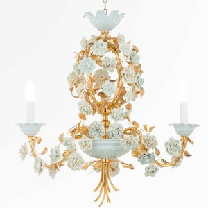 Casa Padrino Luxury Baroque Chandelier Gold / White / Green Ø 58 cm - Magnificent Chandelier with Porcelain Flowers - Made in Italy