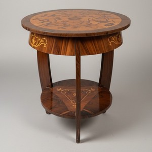 Casa Padrino Table d’Appoint Art Déco avec Marqueterie Florale Marron Ø 60 x H. 71 cm - Table Ronde à Deux Plateaux Casa Padrino Table d’Appoint Art Déco avec Marqueterie Florale Marron Ø 60 x H. 71 cm - Table Ronde à Deux Plateaux