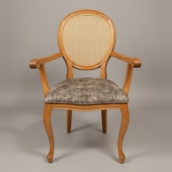 Casa Padrino Armlehnstuhl Naturfarben / Grau - Esszimmerstuhl mit Rattan Rückenlehne