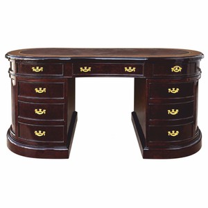 Casa Padrino bureau de luxe avec 9 tiroirs marron foncé / marron / or 180 cm - Bureau ovale en bois massif - Meubles de bureau de luxe
