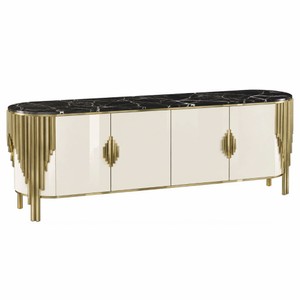 Luxus Sideboard mit 4 Türen und Kunstmarmor Platte Weiß Gold Schwarz