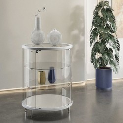 Runde Luxus Glas Vitrine Hellgrau Hochglanz Weiß Silber
