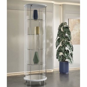 Runde Luxus Glas Vitrine Hellgrau Hochglanz Weiß Silber