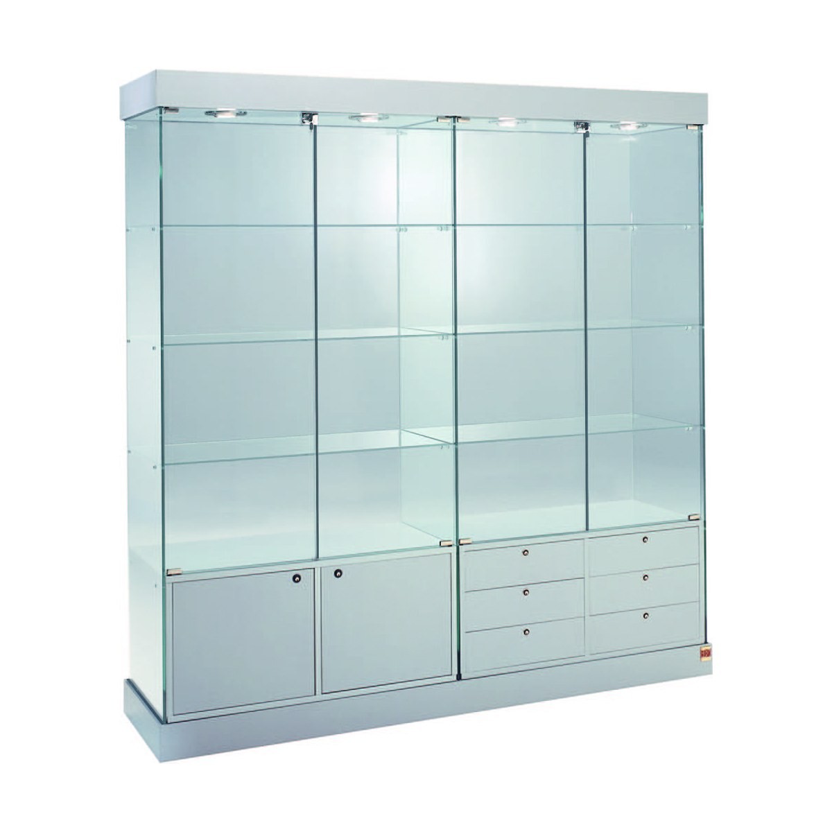 Casa Padrino Luxus Ladenvitrine 182 x 46 cm H. 188 cm mit 4 LED-Spots mit Unterschränken und Schubladen mit Schubladen - Ladeneinrichtung - Boutique Möbel - Made in Italy