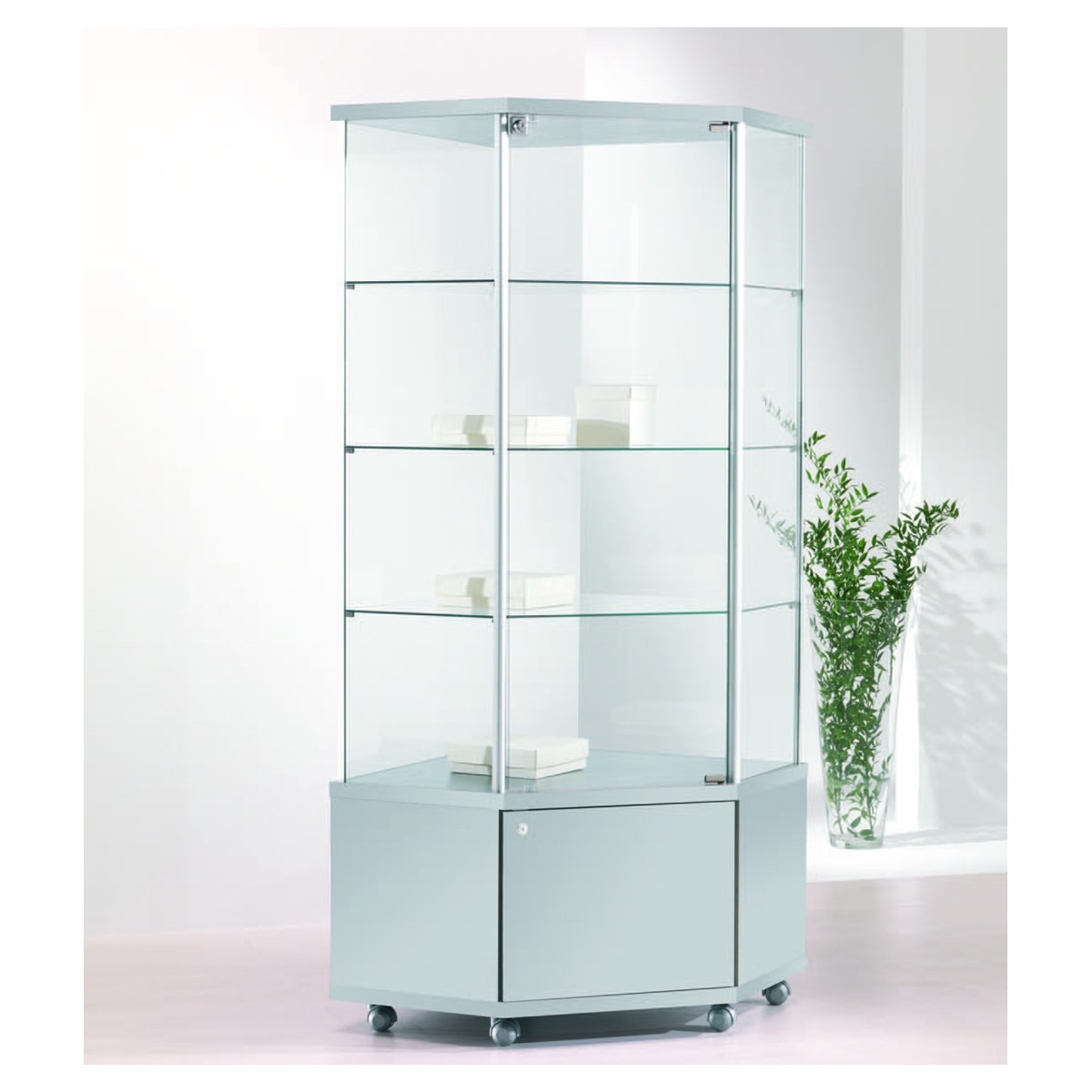 Casa Padrino Luxus Eck-Ladenvitrine 73 x 73 cm H. 180 cm mit Unterschrank - Ladeneinrichtung - Boutique Möbel - Made in Italy