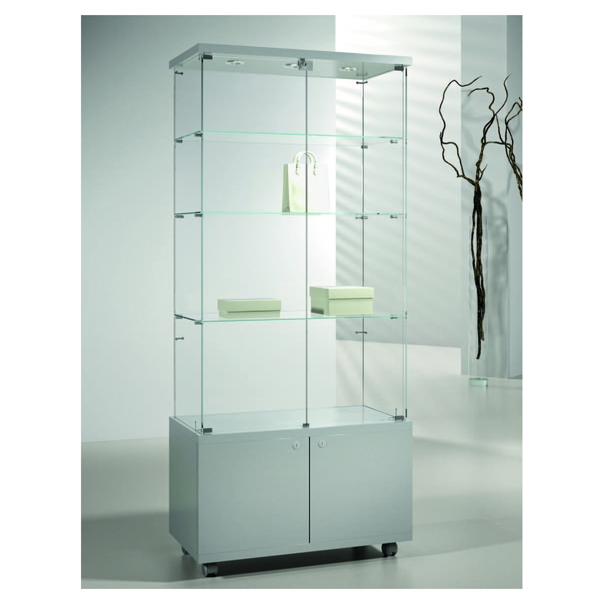 Casa Padrino Luxus Eck-Ladenvitrine 80 x 40 cm H. 181 cm mit 3 LED-Spots - Ladeneinrichtung - Boutique Möbel - Made in Italy