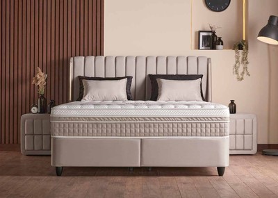 Casa Padrino Luxury Box Spring Bed with Wing Headboard Beige 140 x 200 cm - Luxury Bedroom Furniture Casa Padrino Luxury Box Spring Bed with Wing Headboard Beige 140 x 200 cm - Luxury Bedroom Furniture