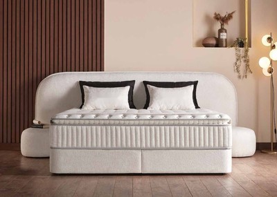 Casa Padrino Luxury Box Spring Bed with Rounded Headboard Cream 180 x 200 cm - Luxury Bedroom Furniture Casa Padrino Luxury Box Spring Bed with Rounded Headboard Cream 180 x 200 cm - Luxury Bedroom Furniture