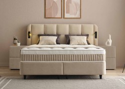 Casa Padrino Luxury Box Spring Bed with Quilted Headboard and Reading Lights Beige 160 x 200 cm - Luxury Bedroom Furniture