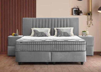 Casa Padrino Luxury Box Spring Bed with Striped Headboard Grey 180 x 200 cm - Luxury Bedroom Furniture Casa Padrino Luxury Box Spring Bed with Striped Headboard Grey 180 x 200 cm - Luxury Bedroom Furniture