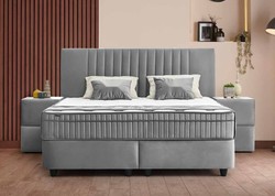 Casa Padrino Luxus Boxspringbett mit Kopfteil in Streifenoptik Grau 90 x 200 cm Casa Padrino Luxus Boxspringbett mit Kopfteil in Streifenoptik Grau 90 x 200 cm