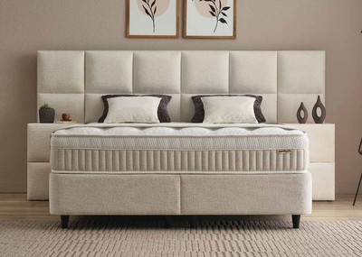 Casa Padrino Luxury Box Spring Bed with Panelled Wall Headboard Beige 160 x 200 cm - Luxury Bedroom Furniture Casa Padrino Luxury Box Spring Bed with Panelled Wall Headboard Beige 160 x 200 cm - Luxury Bedroom Furniture