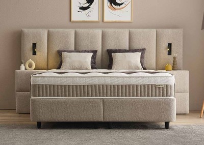 Casa Padrino Luxury Box Spring Bed with Tall Wall Headboard and Reading Lights Taupe 160 x 200 cm - Luxury Bedroom Furniture