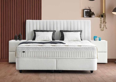 Casa Padrino Luxury Box Spring Bed with Striped Headboard White 180 x 200 cm - Luxury Bedroom Furniture