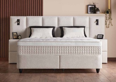 Casa Padrino Luxury Box Spring Bed with Wall Headboard and Reading Lights Cream 180 x 200 cm - Luxury Bedroom Furniture