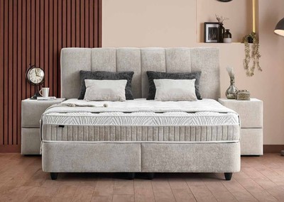 Casa Padrino Luxus Boxspringbett mit Kopfteil in Paneeloptik Beige 140 x 200 cm Casa Padrino Luxus Boxspringbett mit Kopfteil in Paneeloptik Beige 140 x 200 cm