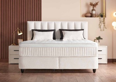 Casa Padrino Luxus Boxspringbett mit Kopfteil in Streifenoptik Creme 90 x 200 cm Casa Padrino Luxus Boxspringbett mit Kopfteil in Streifenoptik Creme 90 x 200 cm