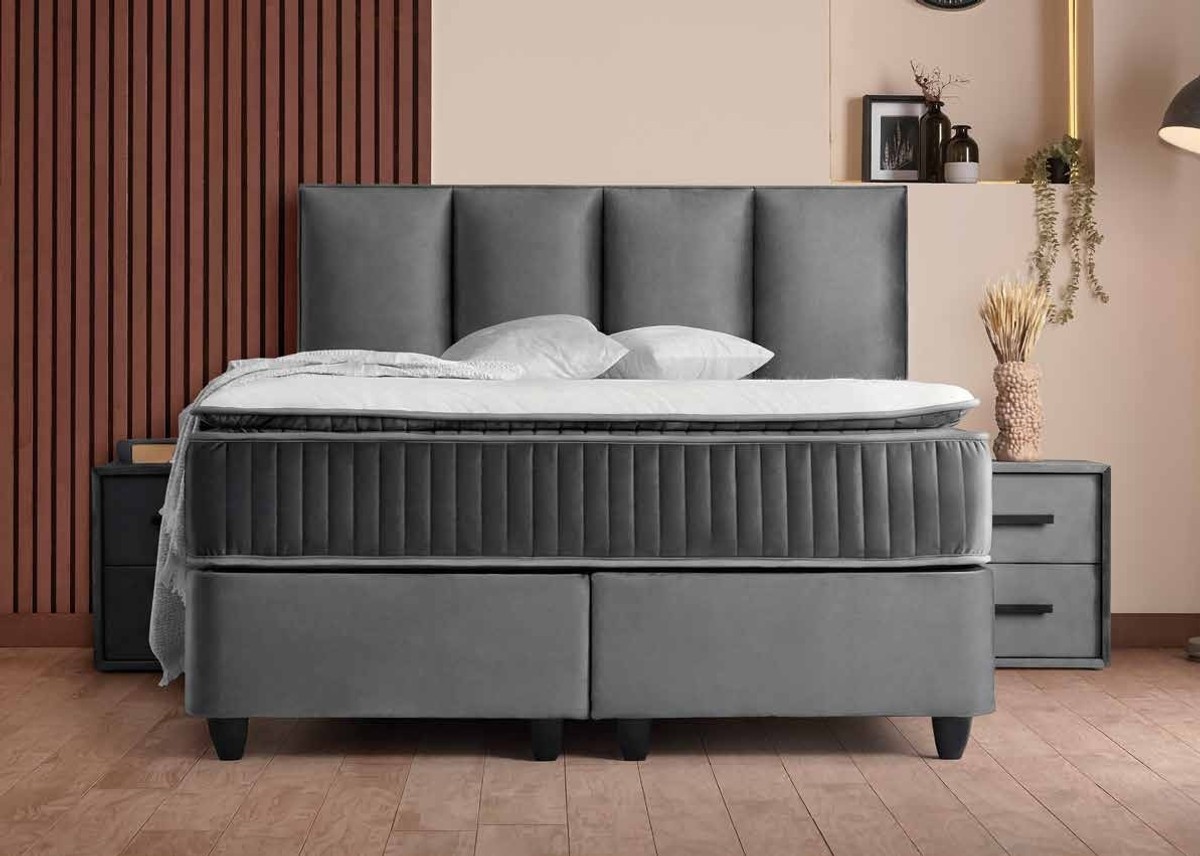 Casa Padrino Letto Boxspring di Lusso con Testiera a Doghe Grigio 160 x 200 cm - Mobili da Camera da Letto di Lusso Casa Padrino Letto Boxspring di Lusso con Testiera a Doghe Grigio 160 x 200 cm - Mobili da Camera da Letto di Lusso