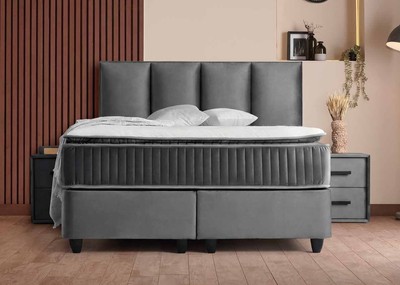 Casa Padrino Luxus Boxspringbett mit Kopfteil in Paneeloptik Grau 180 x 200 cm Casa Padrino Luxus Boxspringbett mit Kopfteil in Paneeloptik Grau 180 x 200 cm